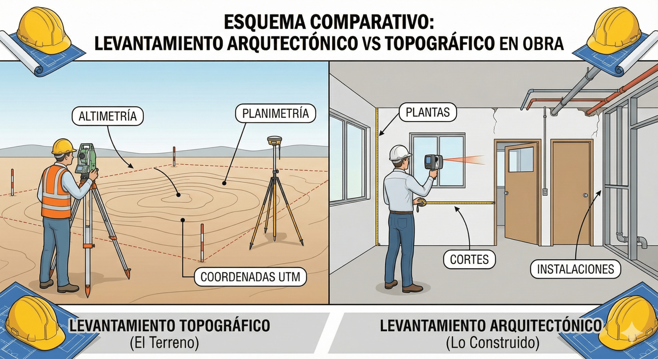Esquema comparativo de Levantamiento Arquitectónico vs Topográfico en obra