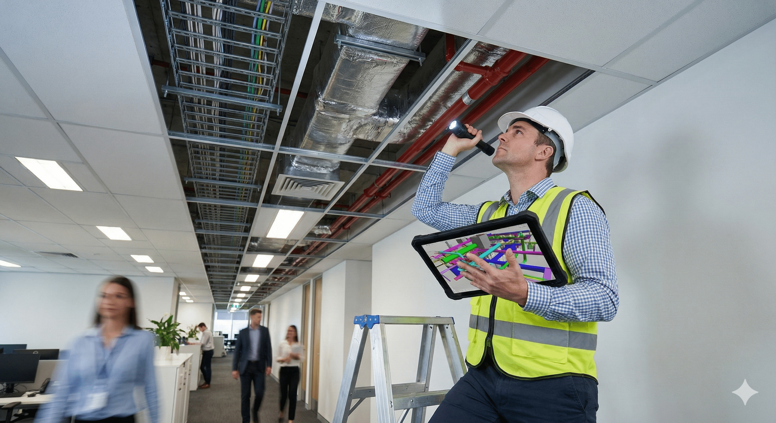 Ingeniero revisando Planos Conforme a Obra de Instalaciones en oficinas corporativas