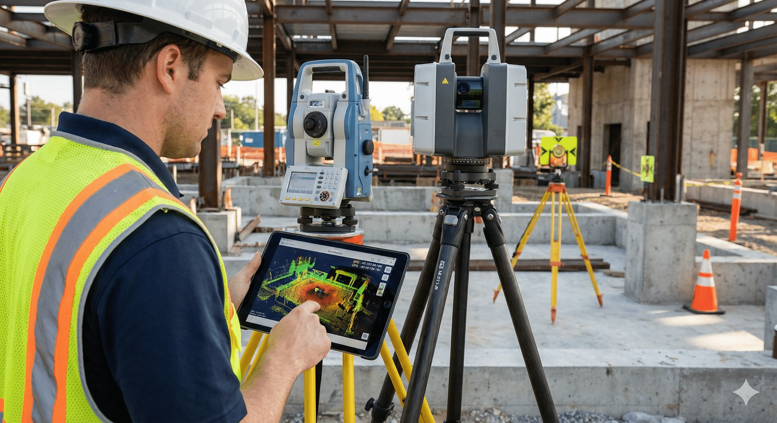 Ingeniero obteniendo una Nube de Puntos Georreferenciada mediante estación total y escáner