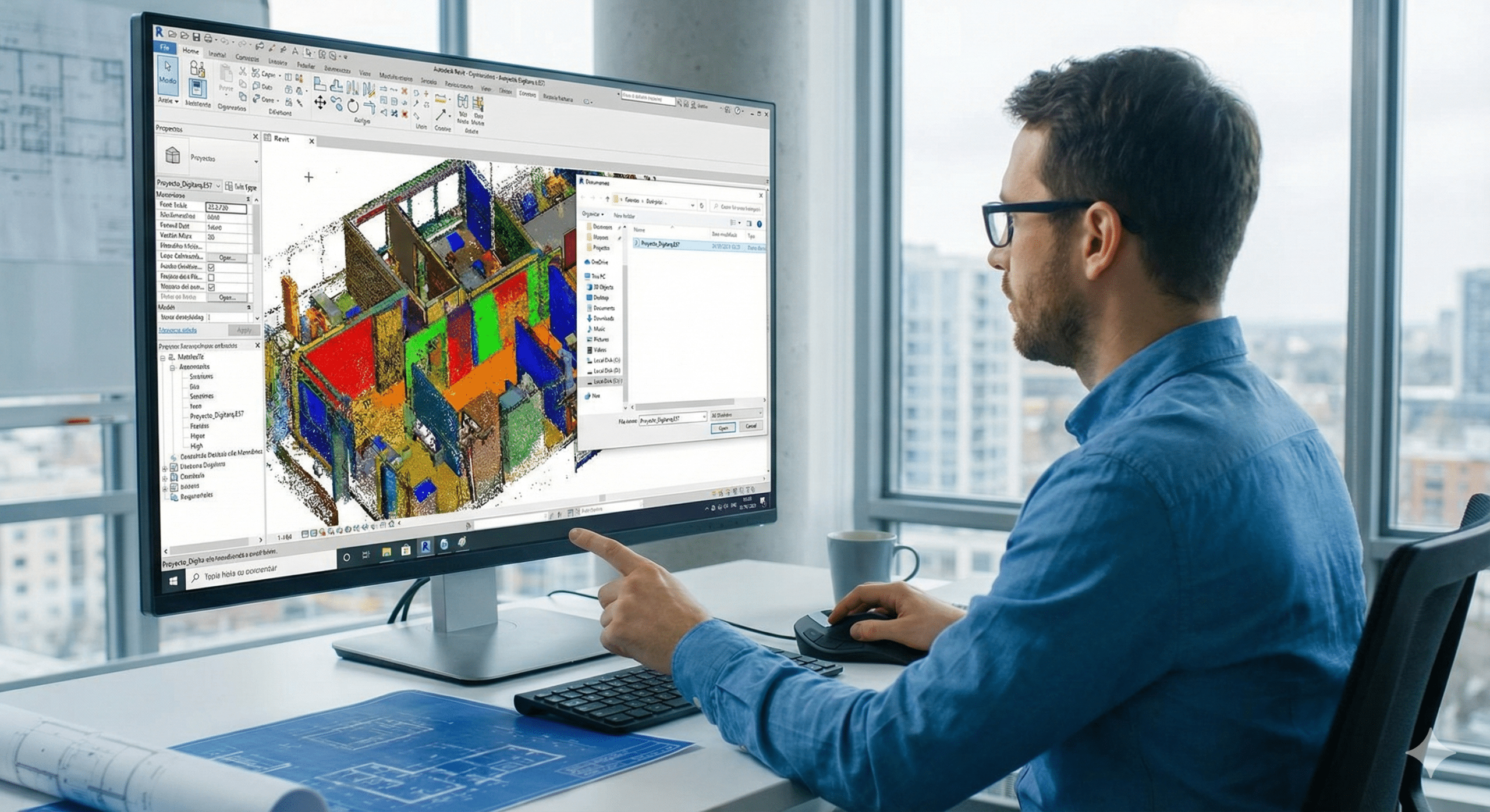 Ingeniero procesando una Nube de Puntos para Revit formato .E57 en pantalla