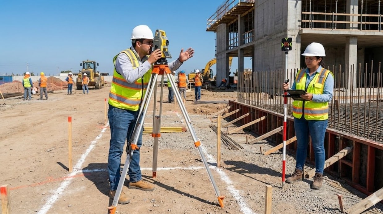 Ingeniero y cadenero de nuestra brigada topográfica trazando ejes en construcción