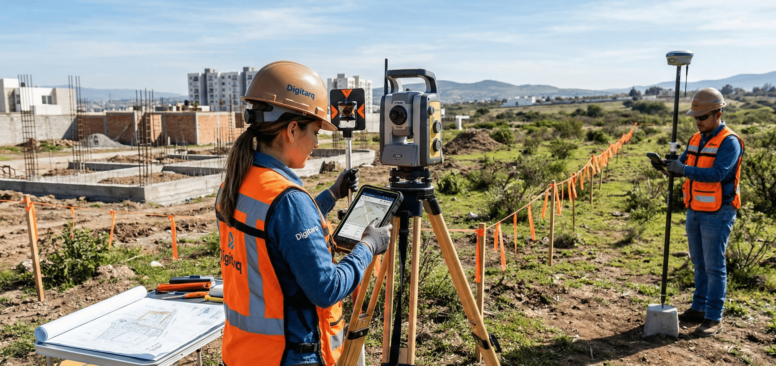 Ingeniero topógrafo definiendo los linderos durante un deslinde catastral